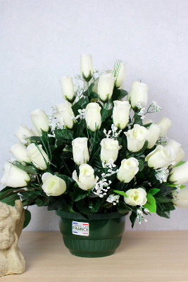 Fleurs artificielles pour cimetière - Coupe de roses blanches et gypsophile