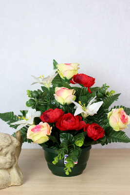 Fleurs artificielles pour cimetière - Coupe de renoncules, lys et roses