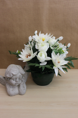Fleurs artificielles pour cimetière - Coupe de lotus, roses, orchidées
