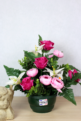 Fleurs artificielles pour cimetière - Coupe de renoncules, lys et roses