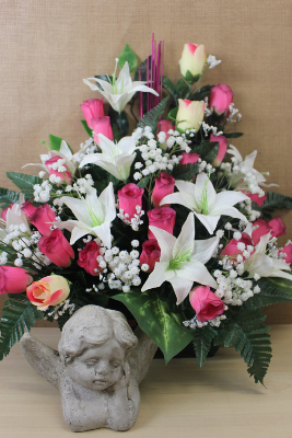  Fleurs artificielles pour cimetière - Jardinière bouton de roses, lys, scirpus 