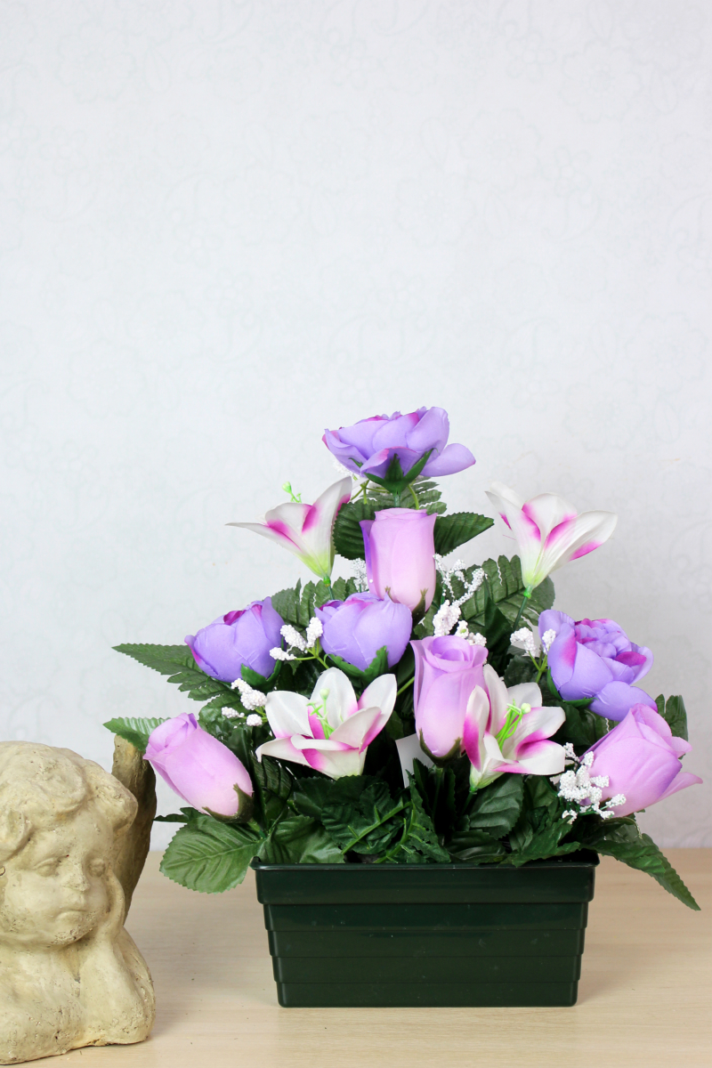 Fleur Artificielle Pour Pierre Tombale - Bouquet Lys Blanc Et Roses, Selle Ajustable 70x50 Cm | Décoration Cimetière Extérieure, Résiste Aux Intempéries