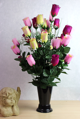 Fleurs artificielles pour cimetière - Composition de roses et gypsophile