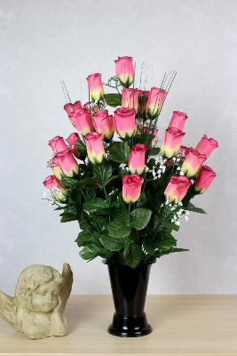 Fleurs artificielles pour cimetière - Composition de roses et gypsophile