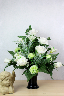 Fleurs artificielles pour cimetière - Cône de fleurs blanches et vertes