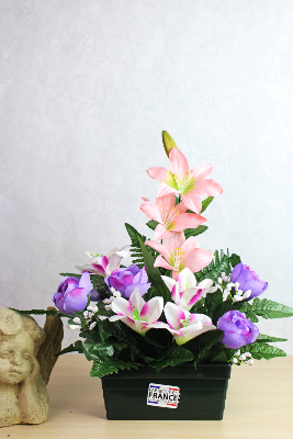 Fleurs artificielles pour cimetière - Jardinière de roses et de lys
