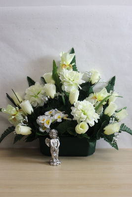 Fleurs artificielles pour cimetière - Jardinière bellis, gypsophile, rose, renoncule et lys