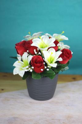 Fleurs artificielles pour cimetière - Coupe de roses et lys