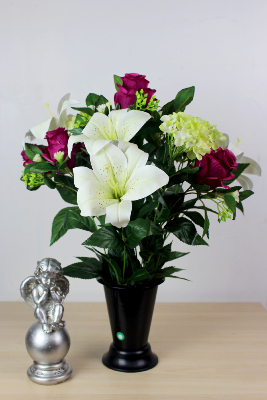 Fleurs artificielles pour cimetière - Cône de lys, roses et hortensias