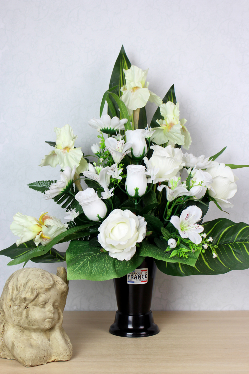 Cône de Fleurs Artificielles Blanches pour Cimetière - La Fontaine Fleurie