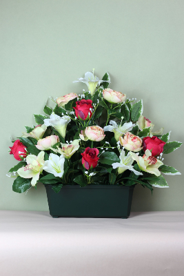 Fleurs artificielles pour cimetière - Jardinière renoncules, cymbidiums et roses