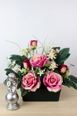 Fleurs artificielles pour cimetière - Jardinière de roses et roses boutons