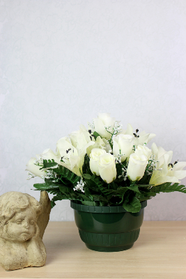 Fleurs artificielles pour cimetière - Coupe de roses et lys blancs