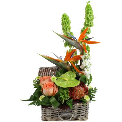 COMPOSITION DE FLEURS EXOTIQUES AVEC PANIER OSIER
