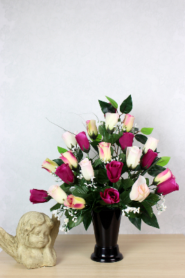 Fleurs artificielles pour cimetière - Cône de roses et gypsophile