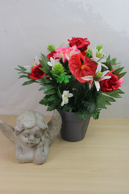 Fleurs artificielles pour cimetière - Coupe Anthuriums, roses, œillets 